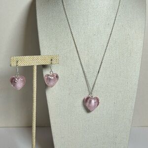 Artisan made glass silver foil heart earrings and necklace set pendant chain